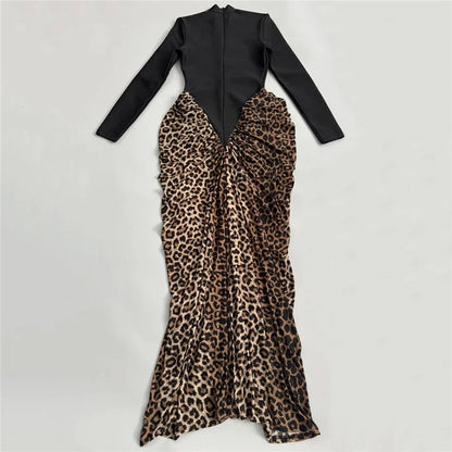 Leopard Pleated Bandage Maxi Dress