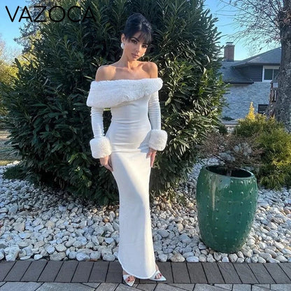 Fur Collar Off One Shoulder Bodycon Dress