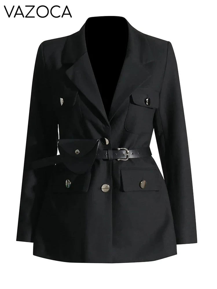Notched Collar Belt Temperament Blazer Black
