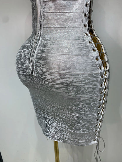 Metallic Side Lace Up Bandage Mini Dress