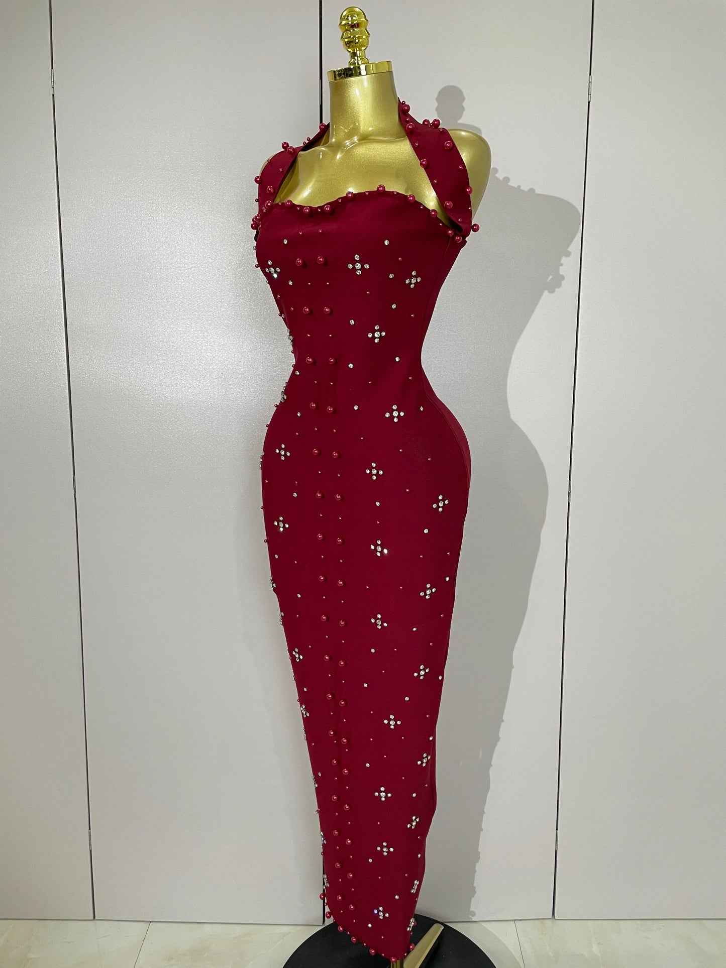 Rhinestone Pearl Bandage Midi Dress