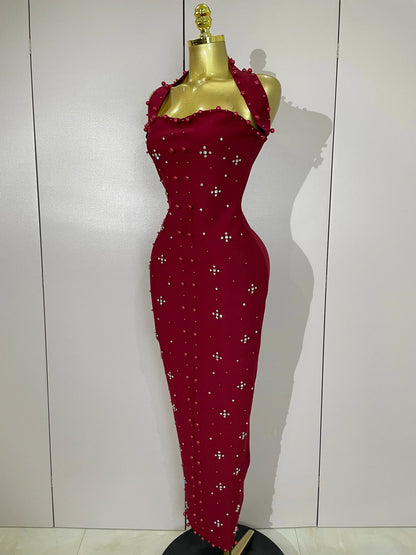 Rhinestone Pearl Bandage Midi Dress