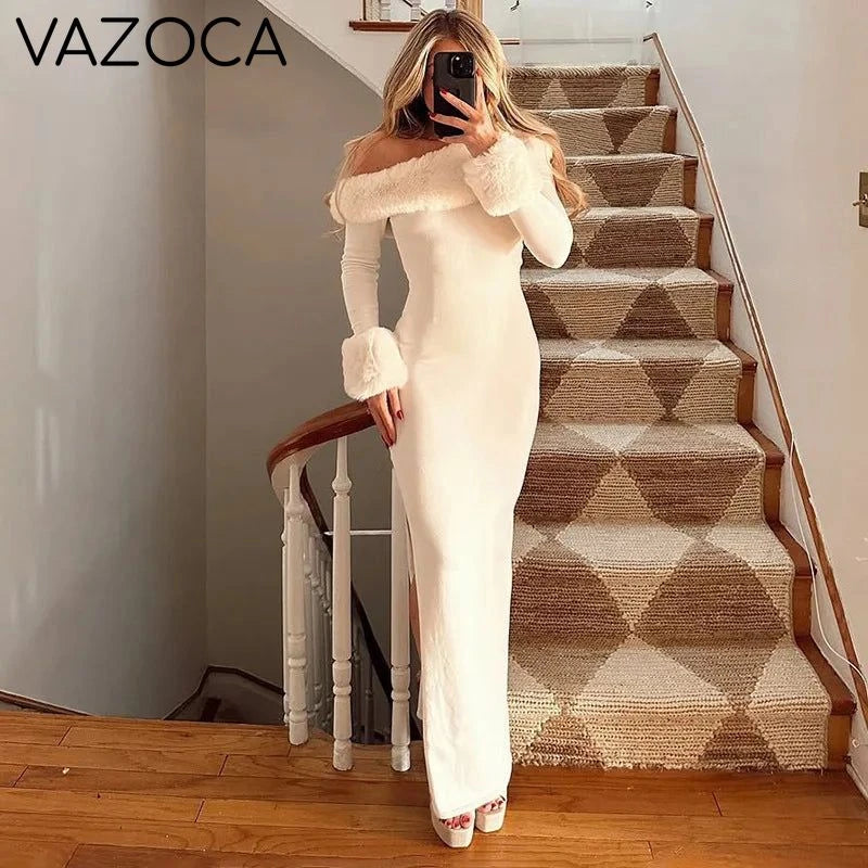 Fur Collar Off One Shoulder Bodycon Dress