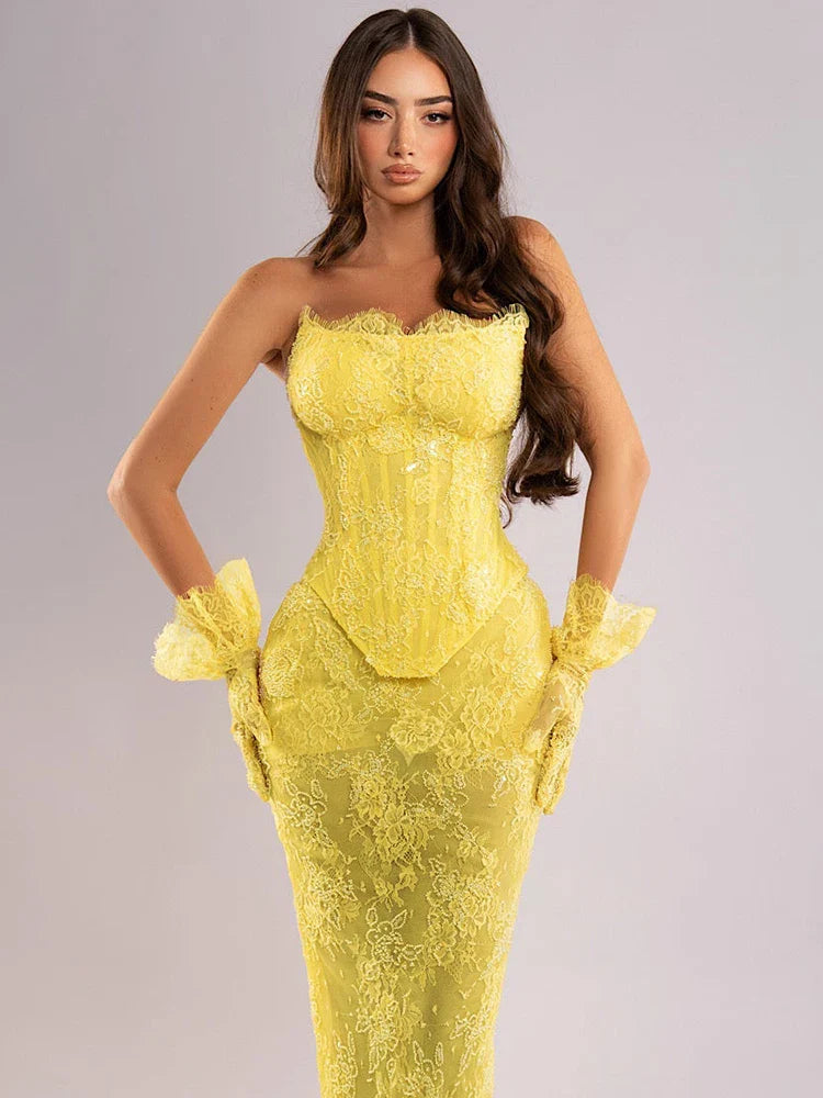 Yellow Lace Mermaid Sheer Maxi Dress