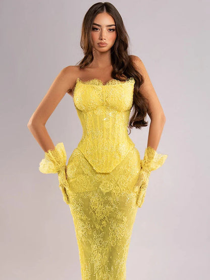 Yellow Lace Mermaid Sheer Maxi Dress