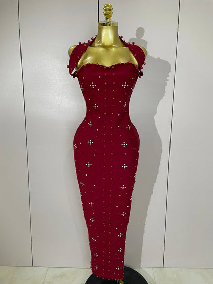 Rhinestone Pearl Bandage Midi Dress
