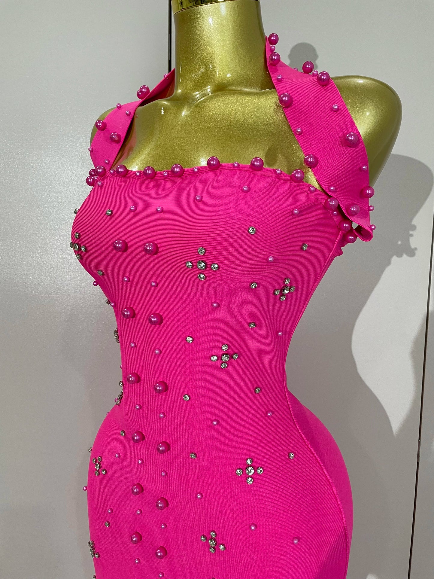 Rhinestone Pearl Bandage Midi Dress