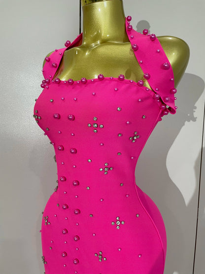 Rhinestone Pearl Bandage Midi Dress