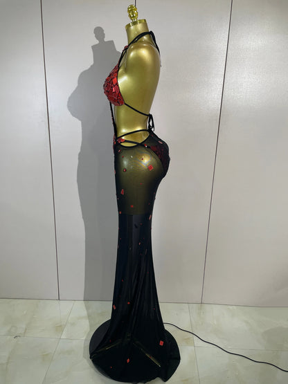 Red Mirror Bikini Mesh Dress Set