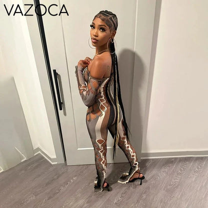 Mesh Striped Hollow Jumpsuit