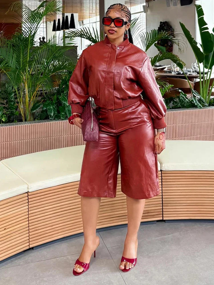 Red Leather Short Set