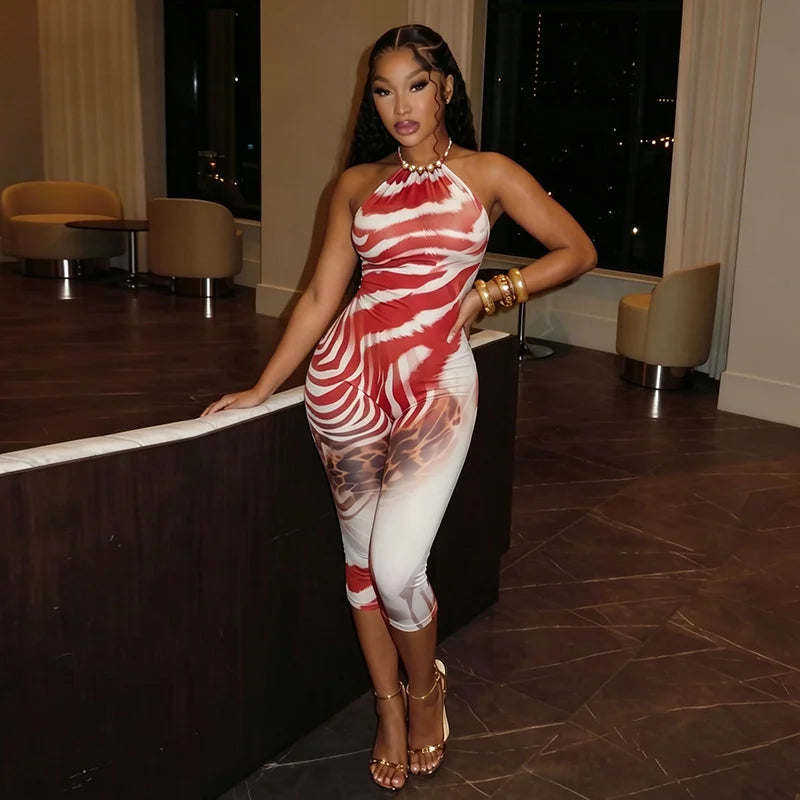 Zebra Print Halter Capri Jumpsuit