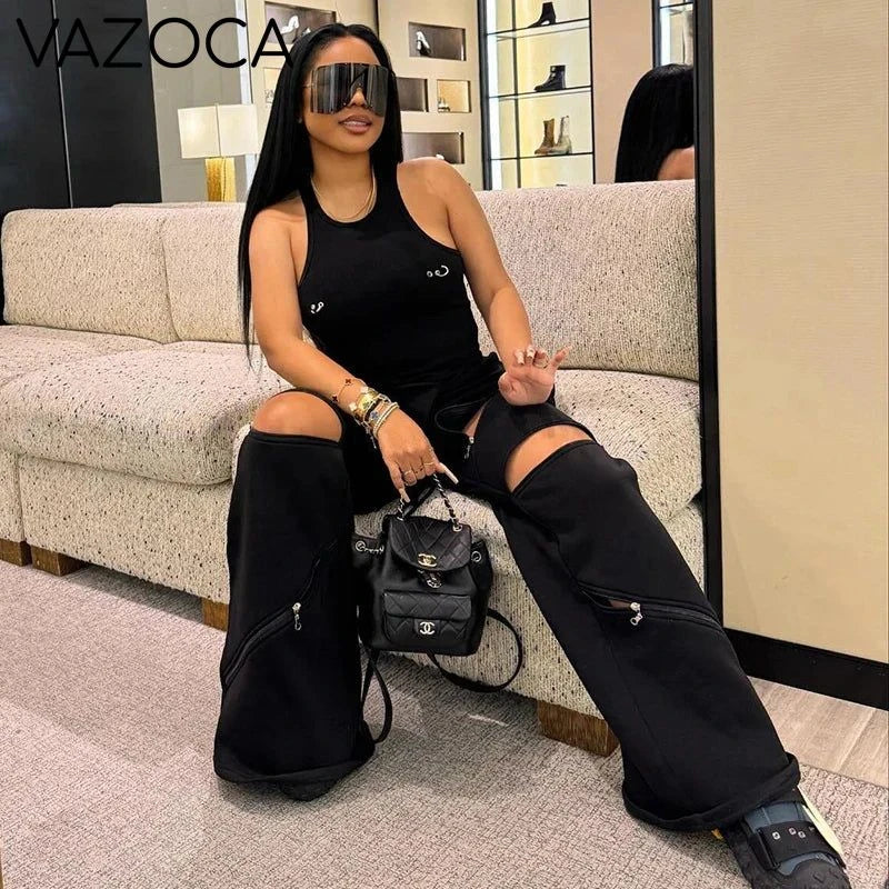 Zip Detail Wide-Leg Cargo Pants