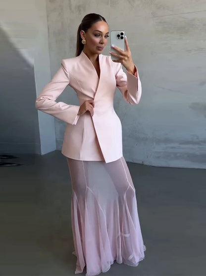 Pink Blazer Mesh Skirt Set