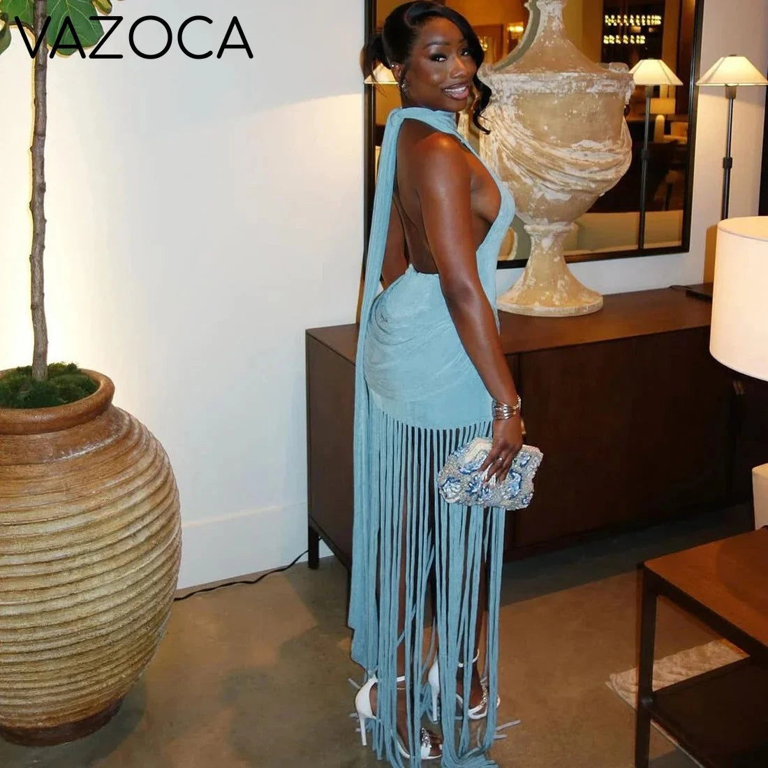 Fringe Backless Maxi Dress