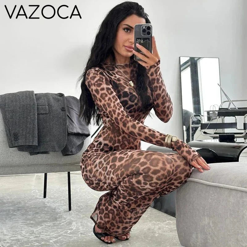 Leopard Mesh Long Sleeve Maxi Dress