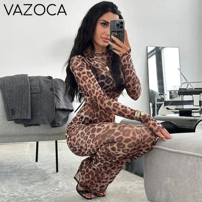 Leopard Mesh Long Sleeve Maxi Dress