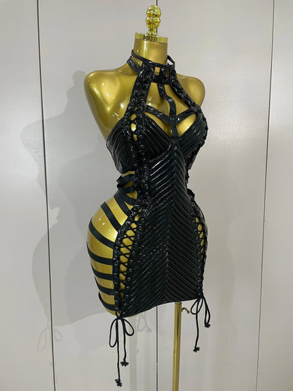 Gothic Leather Bandage Mini Dress