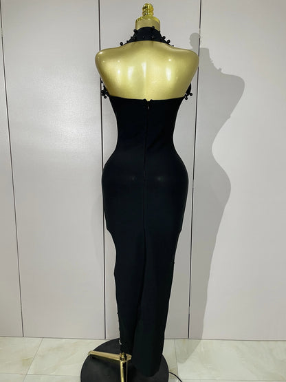 Rhinestone Pearl Bandage Midi Dress