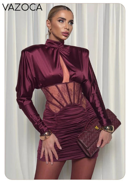 Burgundy Satin Corset Ruched Dress