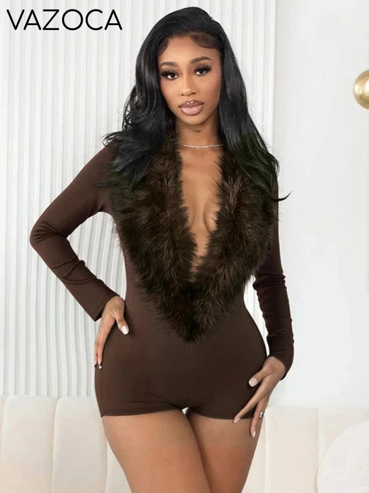 Luxe Fur Deep V-Collar Romper