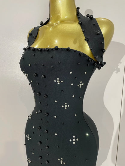 Rhinestone Pearl Bandage Midi Dress