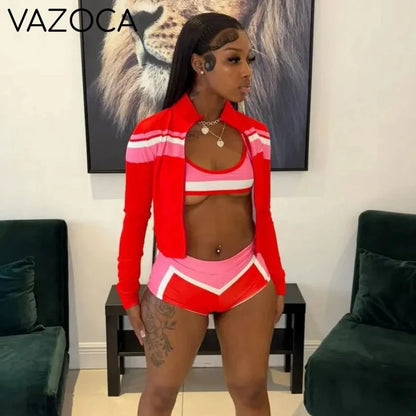 Striped Zip-Up Crop Shorts Set