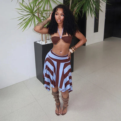 Striped Halter Skirt Set