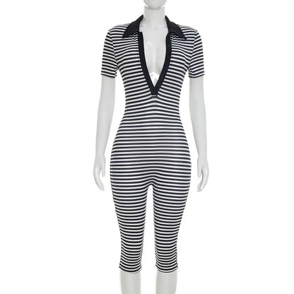 Deep V-Neck Striped Romper