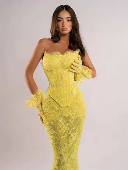 Yellow Lace Mermaid Sheer Maxi Dress