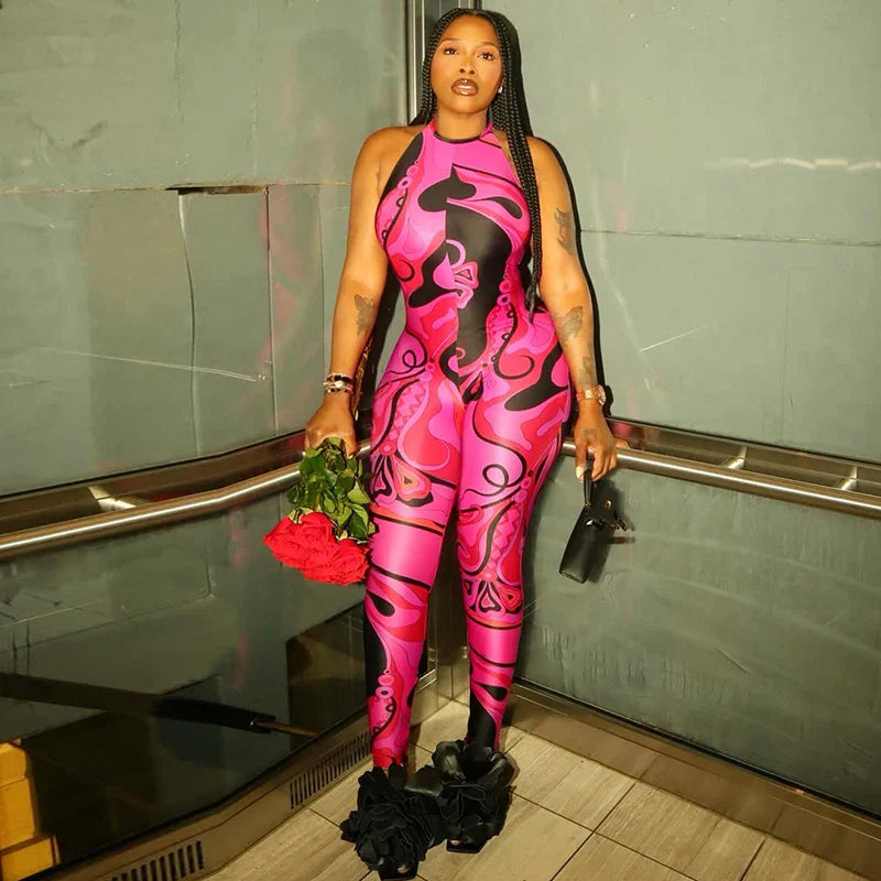Abstract Print Halter Jumpsuit