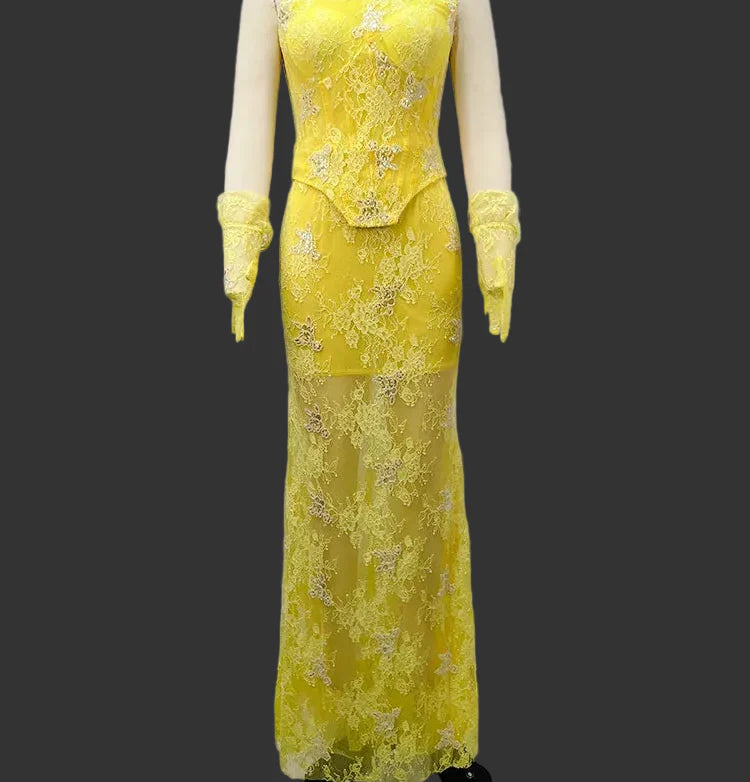 Yellow Lace Mermaid Sheer Maxi Dress
