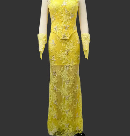 Yellow Lace Mermaid Sheer Maxi Dress