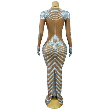 Skeleton Rhinestone Mesh Maxi Dress