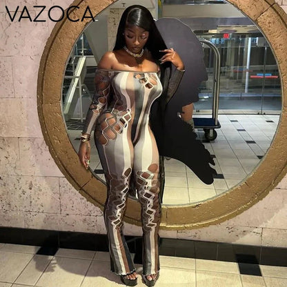 Mesh Striped Hollow Jumpsuit
