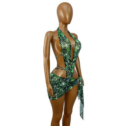 Green Rhinestone Mesh Skirt Set