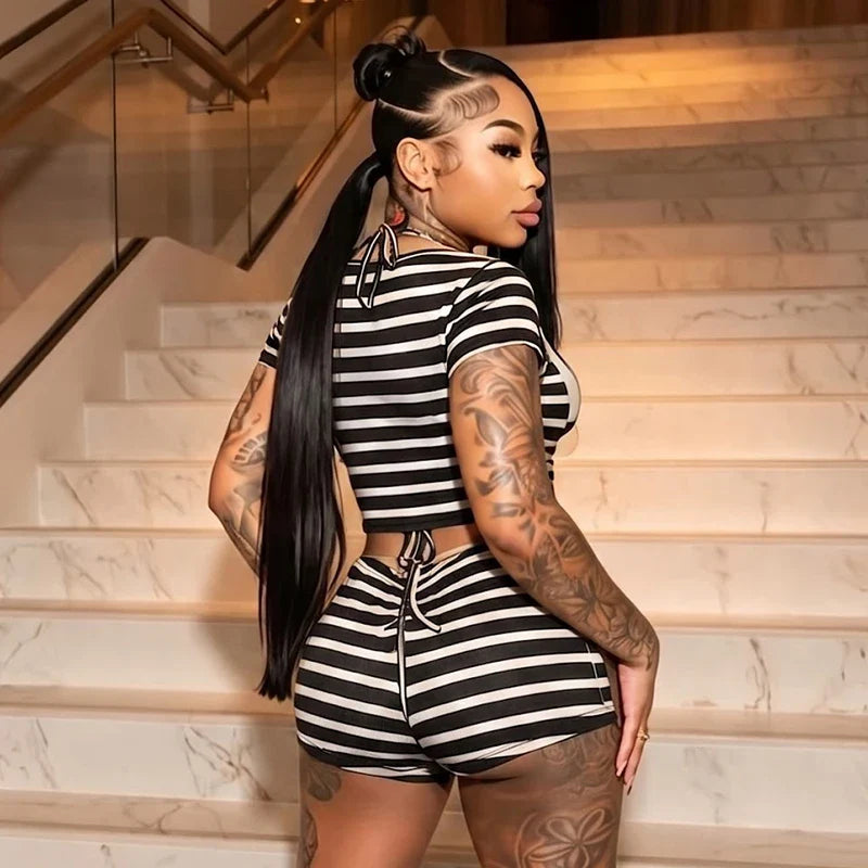Striped 3 Piece Bra and Short Set