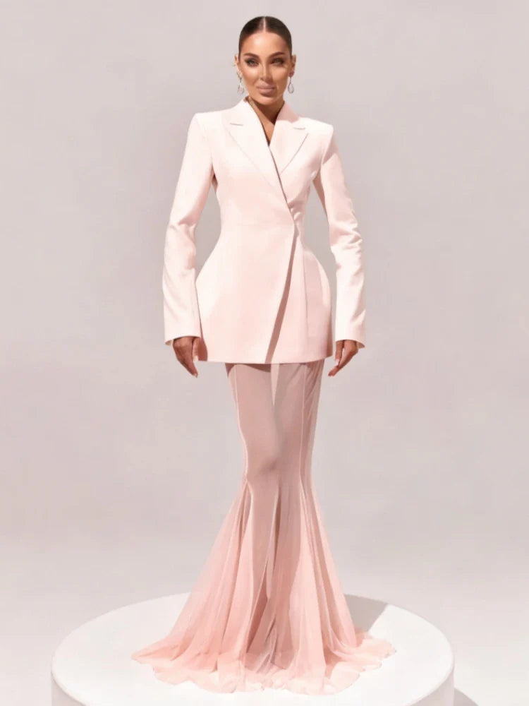 Pink Blazer Mesh Skirt Set