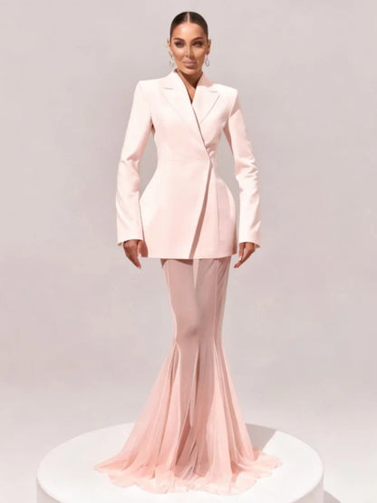 Pink Blazer Mesh Skirt Set