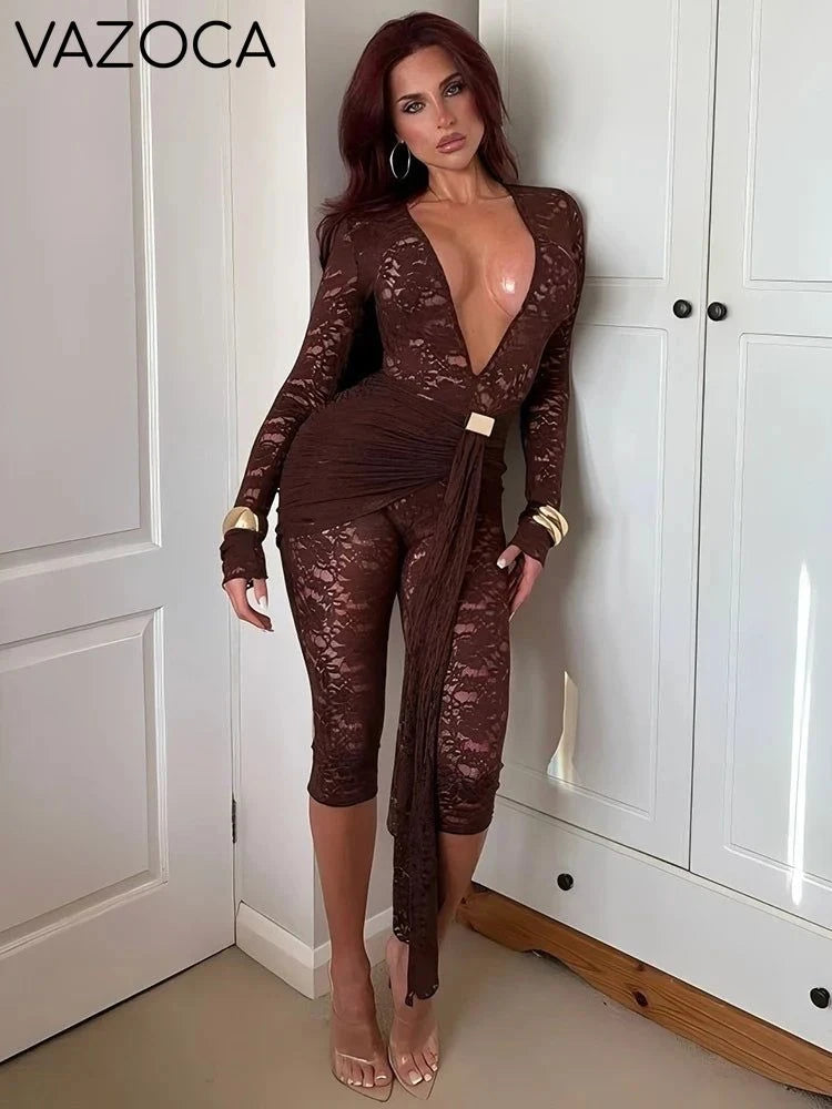Lace Ruched Deep V-Neck Romper
