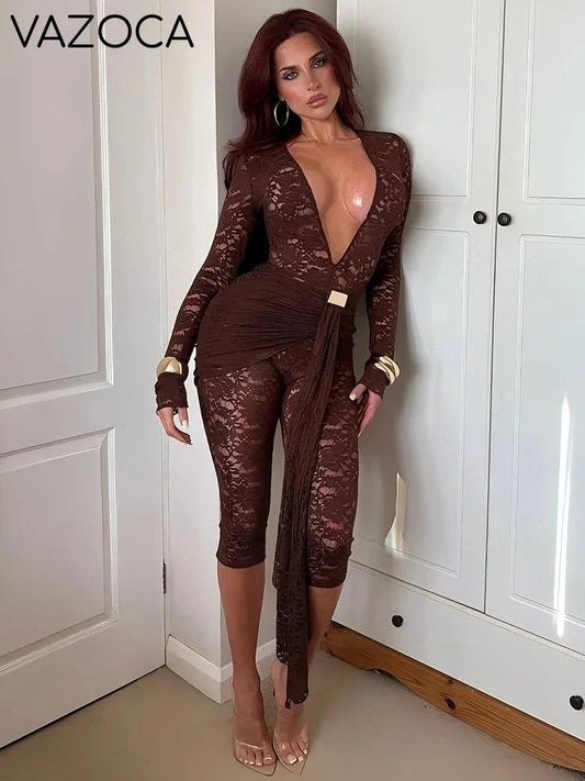 Lace Ruched Deep V-Neck Romper