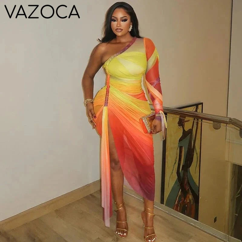 Ombre One-Shoulder Draped Mesh Dress