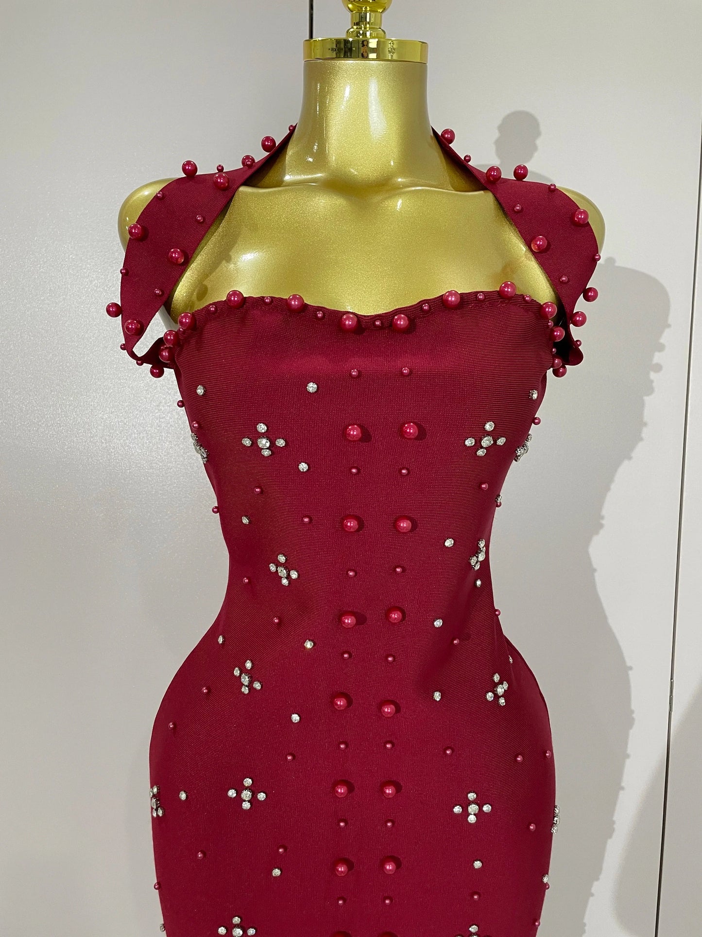Rhinestone Pearl Bandage Midi Dress