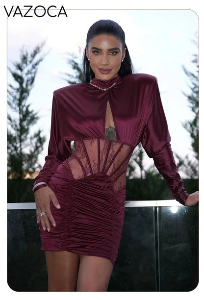 Burgundy Satin Corset Ruched Dress