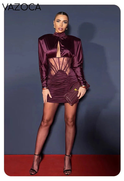 Burgundy Satin Corset Ruched Dress