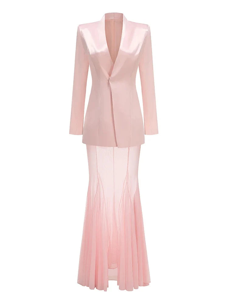 Pink Blazer Mesh Skirt Set