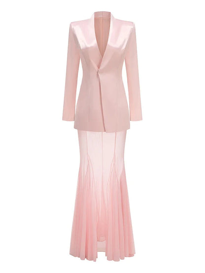 Pink Blazer Mesh Skirt Set