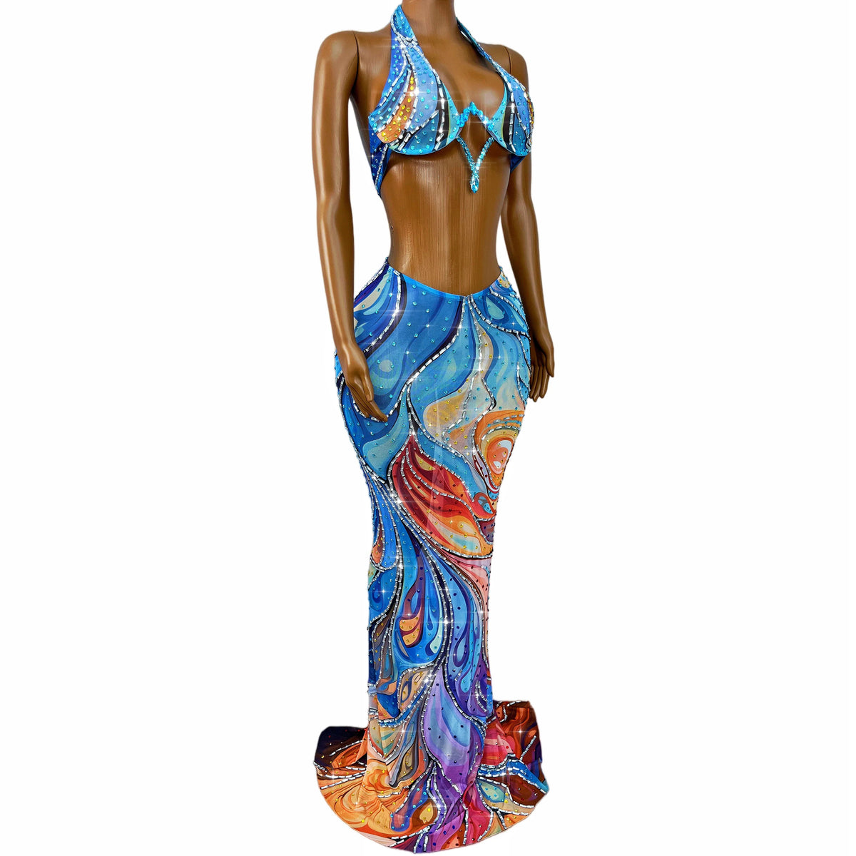 Abstract Swirl Rhinestone Skirt Set