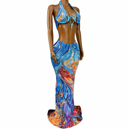 Abstract Swirl Rhinestone Skirt Set