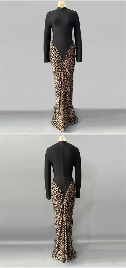 Leopard Pleated Bandage Maxi Dress